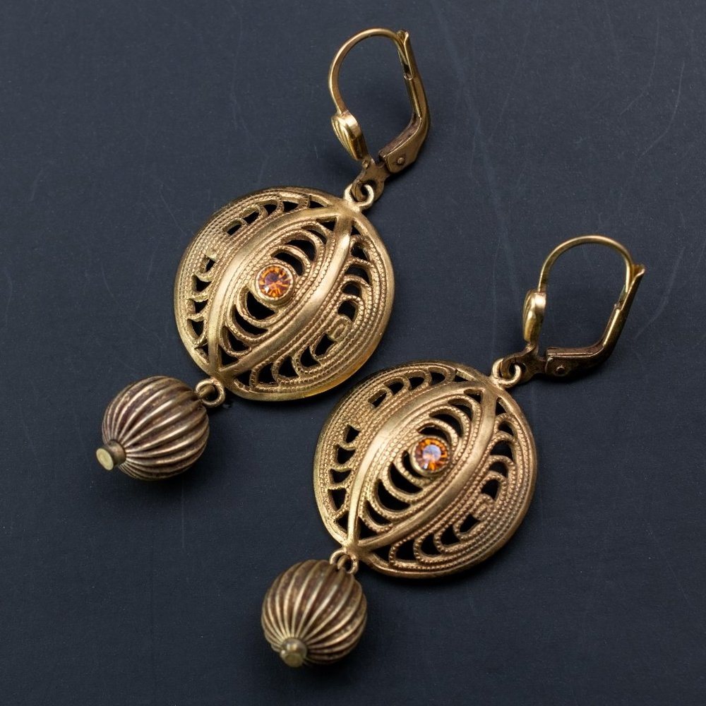 Gold filigree earrings dangle, fancy golden circle earrings